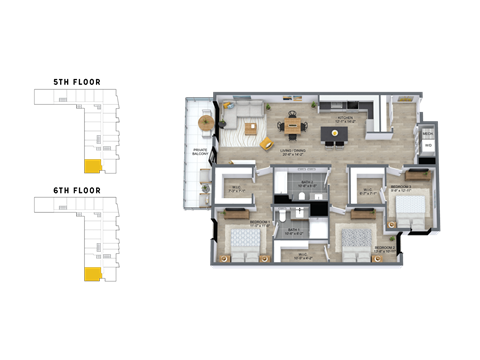 Floor plan for 3 beds, 2 baths, 1420 sqft